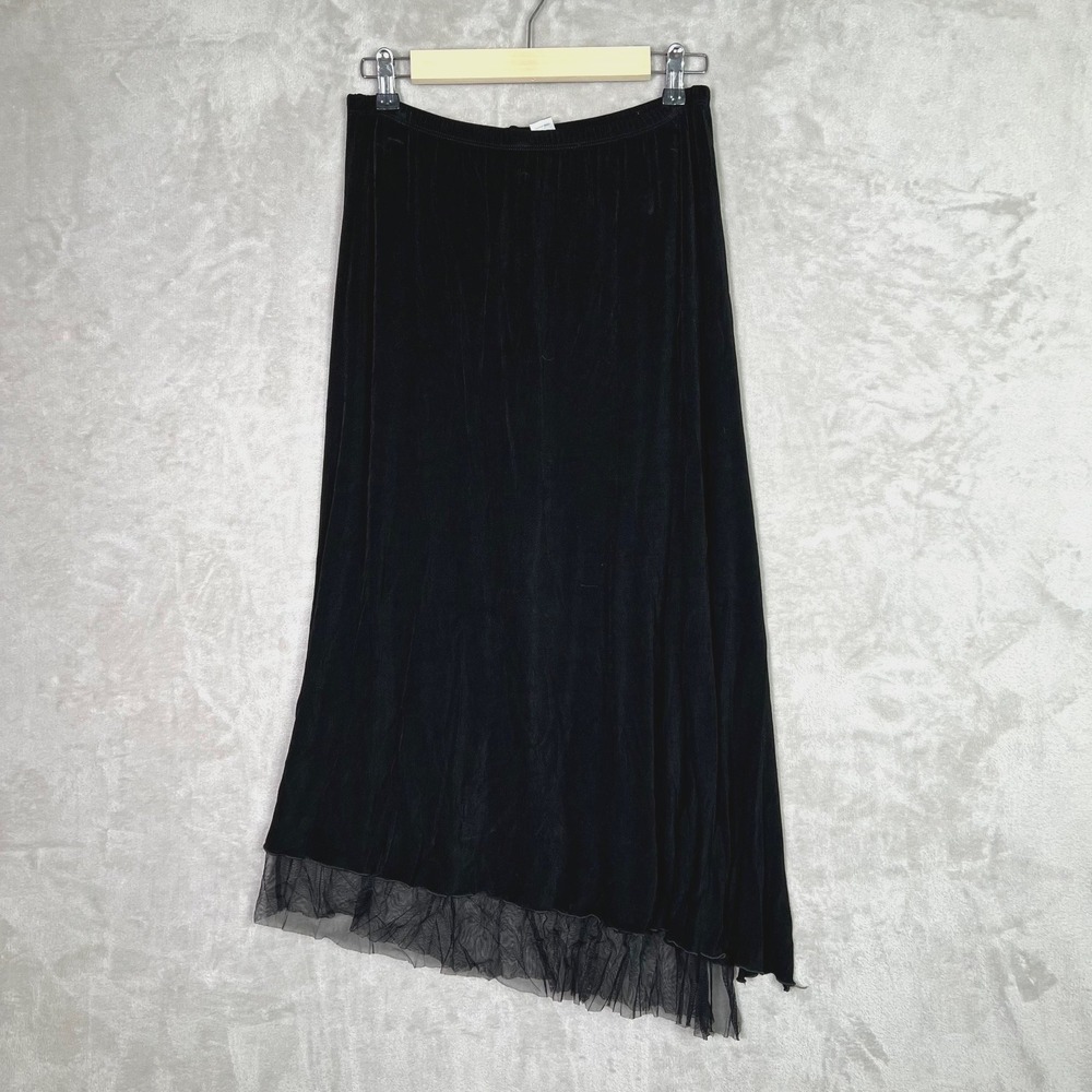 Chico's Travelers Black Asymmetrical Mesh Trim Midi Skirt Women's Size 1 (M)